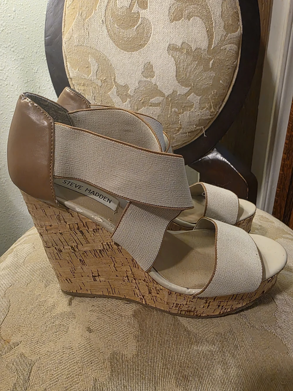 Steve Madden Neutral Tan Elastic Crisscross Wedge Sandals